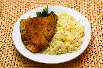 Image showing fried breaded tilapia served with rice