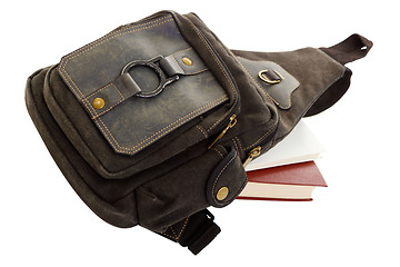 Image showing backpack and books on white background