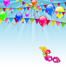 Image showing Carnival background with flags, confetti, balloons, mask