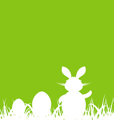 Image showing Cartoon green background with Easter rabbit and eggs