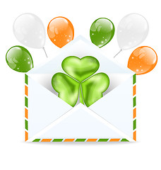 Image showing Envelope with clover and colorful ballons isolated on white back