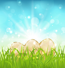 Image showing Easter background with eggs in grass