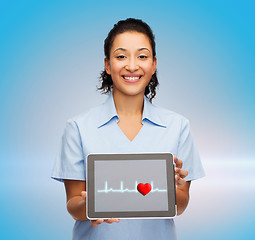 Image showing smiling female doctor or nurse with tablet pc