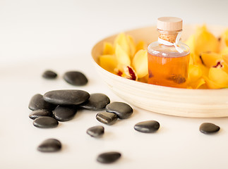 Image showing massage stones with flowers on table