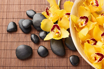 Image showing massage stones with flowers on mat