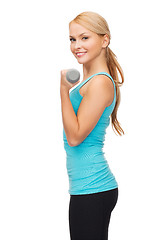 Image showing young sporty woman with light dumbbells