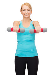 Image showing young sporty woman with light dumbbells