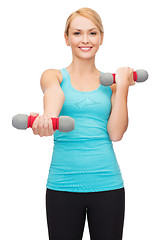 Image showing young sporty woman with light dumbbells