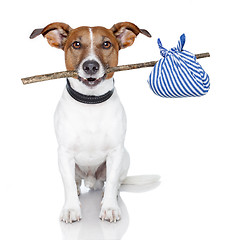 Image showing dog with a stick and a blue bag