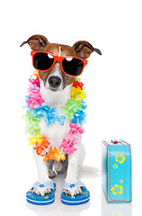 Image showing tourist dog with hawaiian  lei and a bag