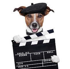 Image showing movie clapper board director dog