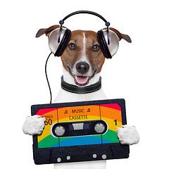 Image showing music cassette tape headphone dog
