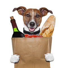 Image showing grocery bag dog wine tomatoes bread