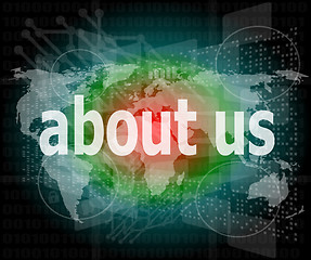 Image showing pixelated words about us on digital screen, business concept