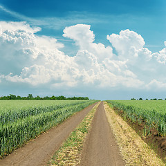 Image showing cloudy sky over road in green field