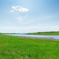 Image showing river in green grass and clouds over it