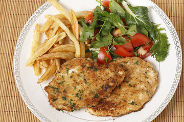 Image showing Chicken escalopes meal high angle