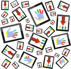 Image showing hands and business arrow on tablet touch computer set on white background