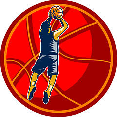 Image showing Basketball Player Jump Shot Ball Woodcut retro