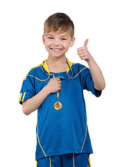 Image showing Boy in ukrainian national soccer uniform