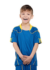 Image showing Boy in ukrainian national soccer uniform