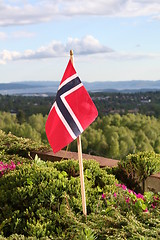 Image showing The norwegian flag with a view