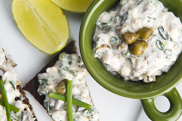 Image showing sandwiches with dark bread, herrings, mushrooms, pepper