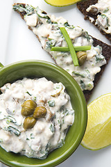 Image showing sandwiches with dark bread, herrings, mushrooms, pepper