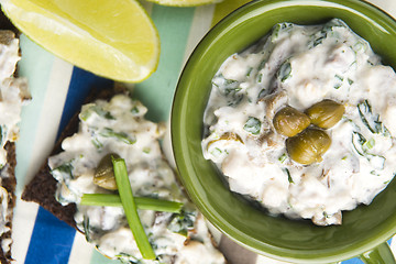 Image showing sandwiches with dark bread, herrings, mushrooms, pepper