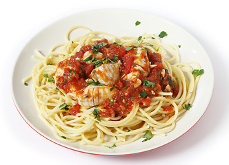 Image showing Spaghetti with fish in arrabbiata sauce