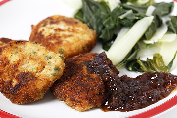 Image showing Fish cakes with onion marmalade