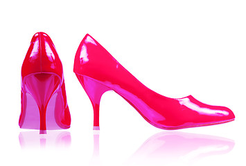 Image showing crimson shoes on a thin heel. View side and rear 