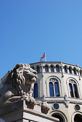 Image showing The Norwegian Parliament Building (lion)