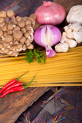 Image showing Italian pasta and mushroom sauce ingredients