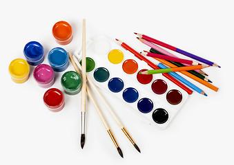 Image showing pencils colour and gouache of paint