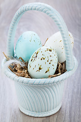 Image showing Three natural blue Easter eggs in a basket