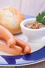 Image showing tasty sausages frankfurter with grain bread 