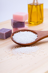 Image showing welnness spa objects soap and bath salt closeup