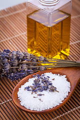 Image showing lavender massage oil and bath salt aroma therapy wellness