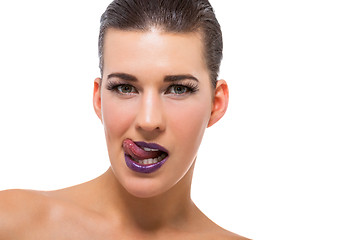 Image showing Graceful attractive woman with purple lips and nails