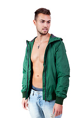 Image showing young adult man with green jacket portrait isolated