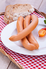 Image showing tasty sausages frankfurter with grain bread 