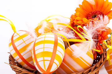 Image showing Colourful yellow decorated Easter eggs