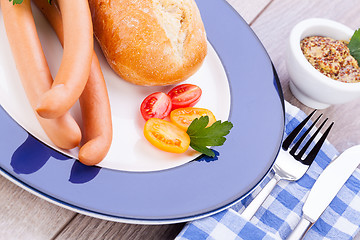 Image showing tasty sausages frankfurter with grain bread 