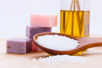 Image showing welnness spa objects soap and bath salt closeup