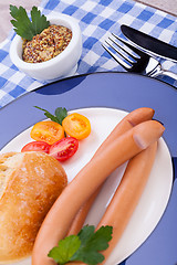 Image showing tasty sausages frankfurter with grain bread 