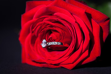 Image showing Diamond engagement ring in the heart of a red rose