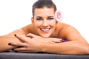 Image showing young attractive woman hot stone massage wellness