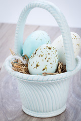 Image showing Three natural blue Easter eggs in a basket