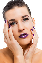 Image showing Graceful attractive woman with purple lips and nails